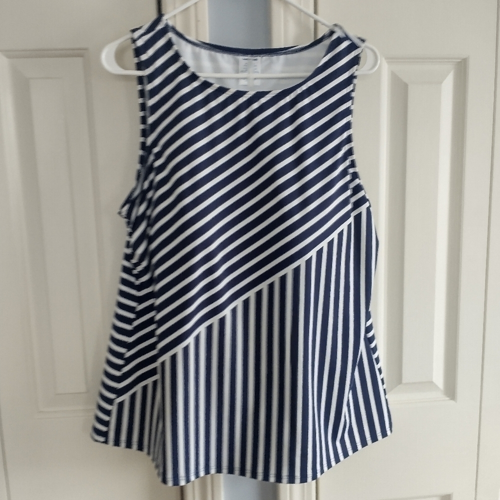 Land's End Deep Sea Mixed Diagonal Stripe High Neck Tankini Top 18W/L - Picture 2 of 7